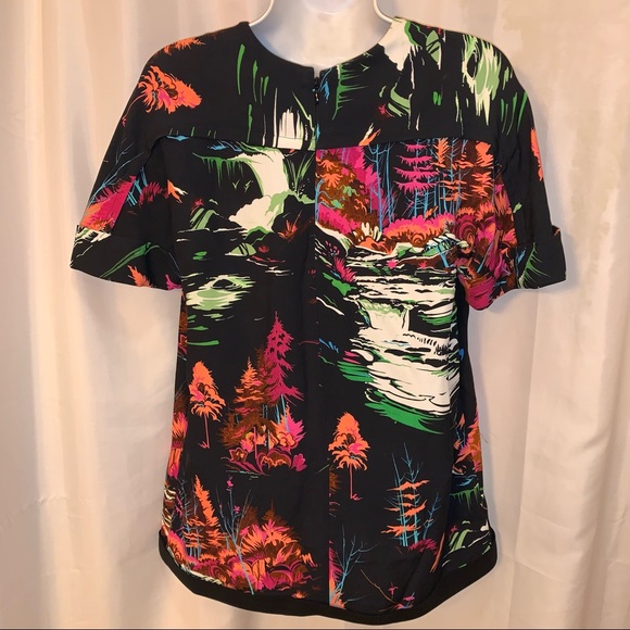 BALENCIAGA size 38 bold neon nature scene on black BLOUSE - Picture 9 of 13